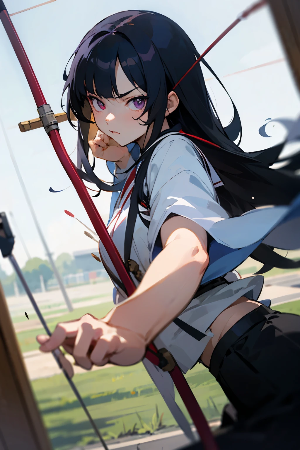Young Japanese woman with serious features, with long, straight black hair, purple-eyed, practicing archery at school, anime styling
