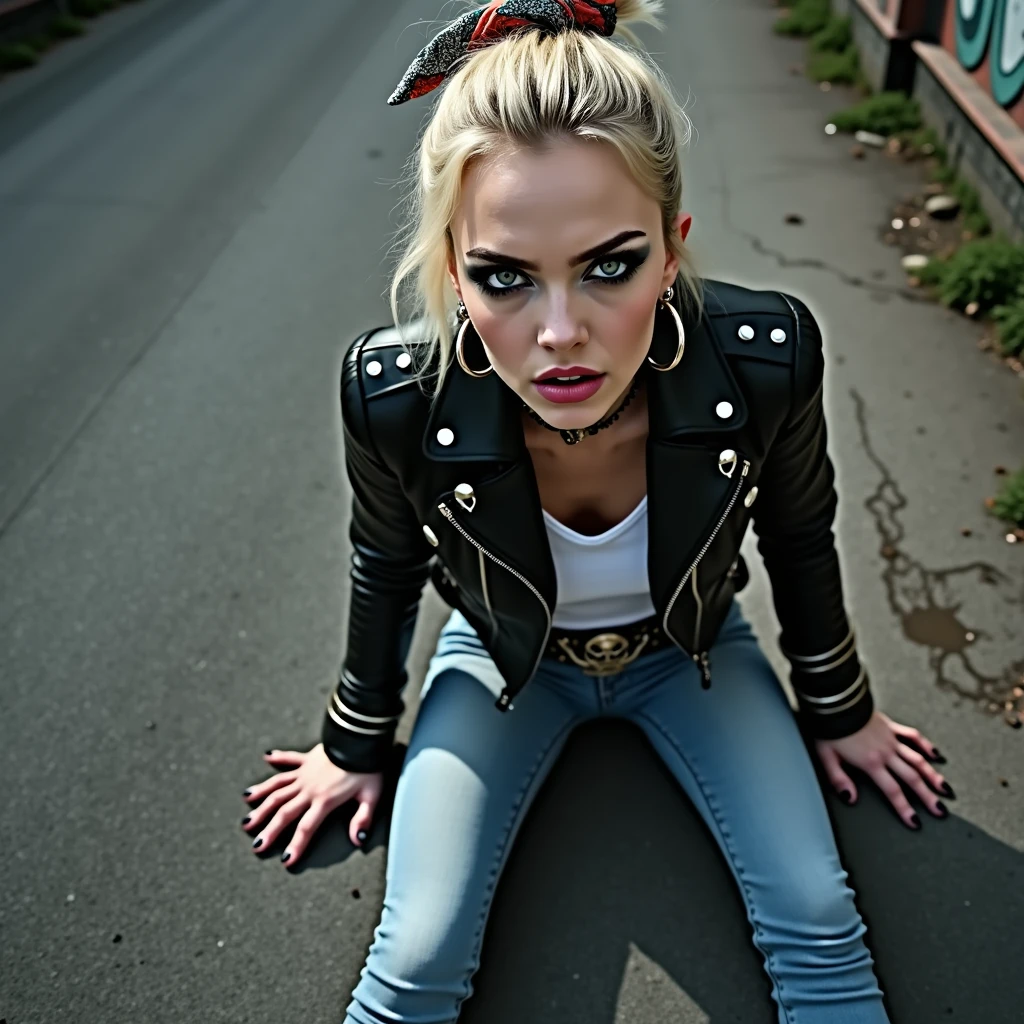 russian milf woman, biker gang member, grey hair (top bun) with bandana headband, with very light blue eyes, extremely pale, heavy eye shadows. Thin. Sad, humbled face, smeared excessive make up and smeared lipstick Wearing black moto jacket, black Victoria's secret push up bra, skinny blue jeans and black cowboy boots . Lots of metallic bracelets. Tacky wide belt with massive skull and bones buckle . One hand in her neck, the other in one pocket. Lots of rings. Wide loop earrings. Looks at the camera with amazement like talking to God, mouth and eyes open.