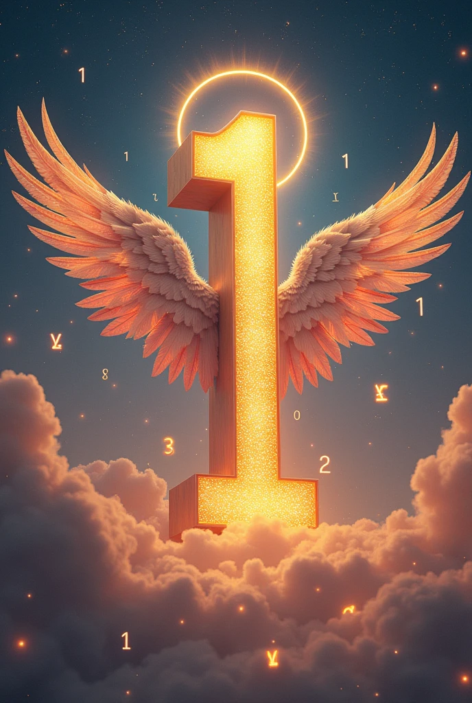 A giant number, the head of a numerical set of integers with wings and a halo 