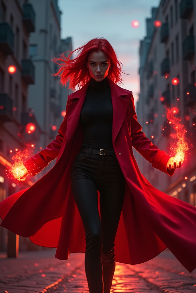 Red-haired heroine with medium length hair, black clothing with a red coat with telekinetic red magic powers