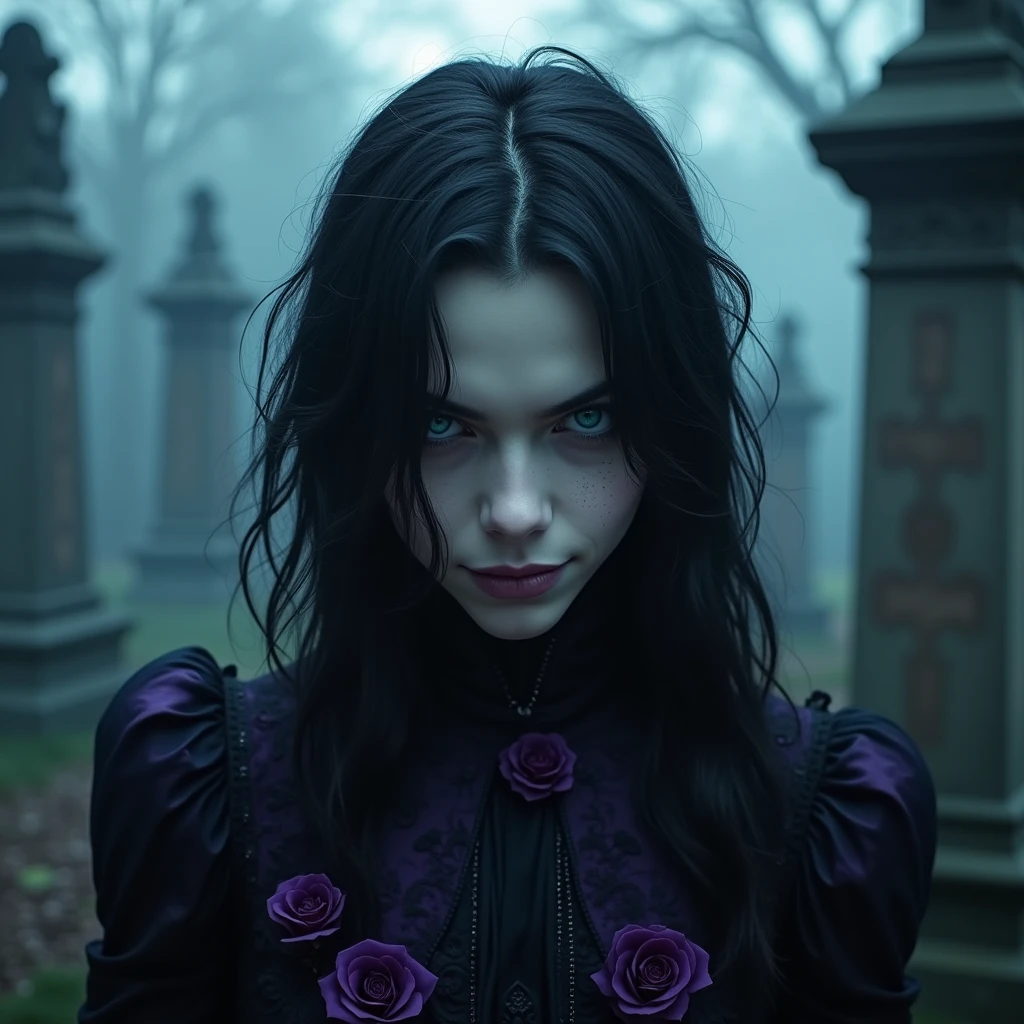 Male, sexy, long black hair, teal blue eyes, young, gothic clothes. delicate features, no facial hair, no body hair, seductive, white and pale. Roses. Purple and black. Long eyelashes. No facial hair. Man. Male. Smirking. No body or facial hair. Young male. Anime style. Male. Towering over the camera. Full body. Malicious. In a graveyard.