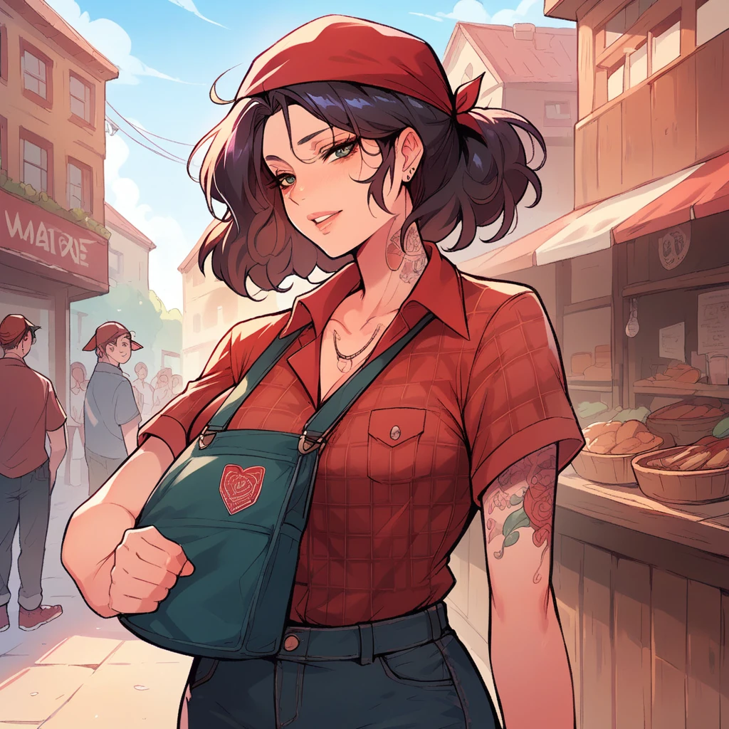 Woman with tattoos and plaid clothes, he wears a red bandana around his neck, She's in what looks like a neighborhood 