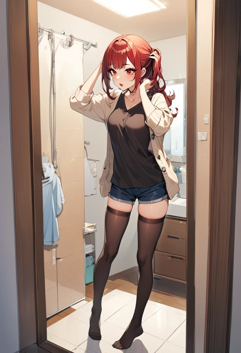 1girl, solo, fixing her hair in front of the bathroom mirror, makeup, Red Lip, gorgeous eyeliner, bangs, midium hair, V-neck T-shirts, Cut and sew, thighhighs, black thgihhigh, Standing on tiptoes, standing, I can see your face in the mirror, short pants bottoms, cardigan, midium breasts, cute,    