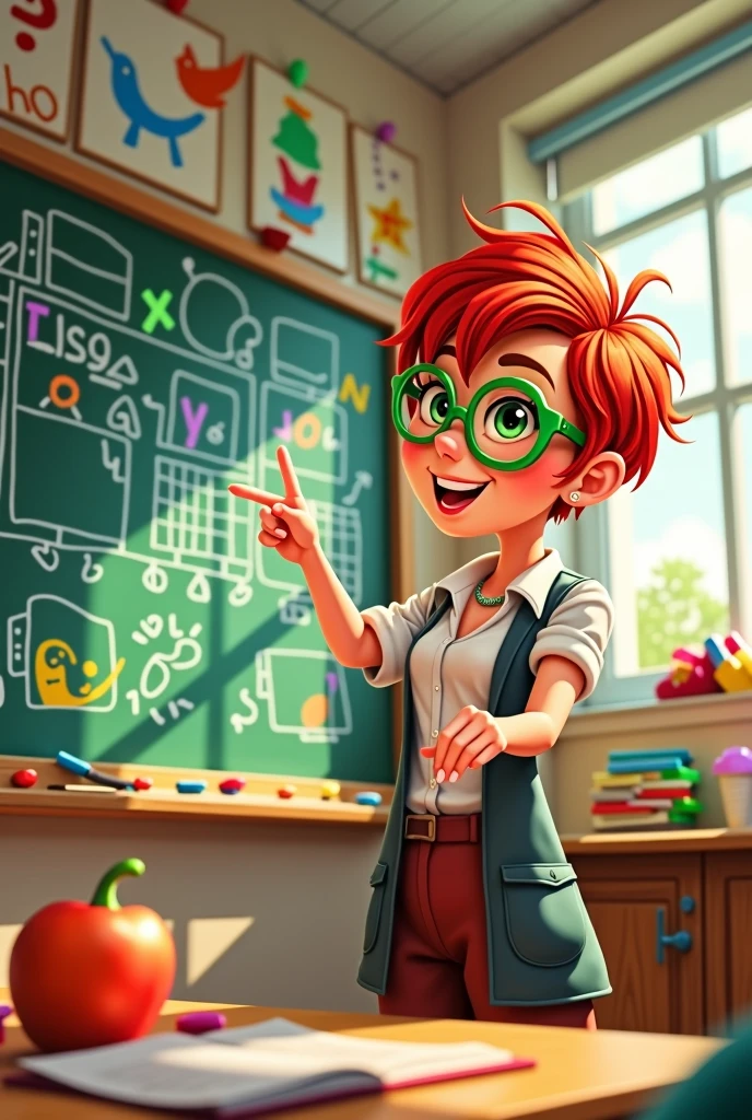 Cartoon of a red-haired teacher pointing