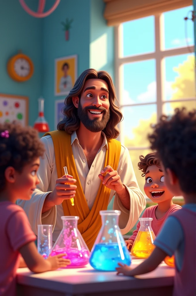 This image must be Disney Pixar style in which it is Jesus with several children around smiling in a science lab