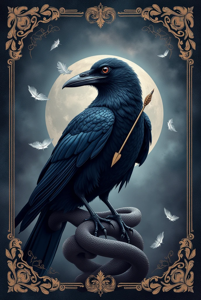 Chat create a poetry book cover, my poems are more obscure, I need something that combines, I want a classic book cover, create a raven with a snake falling together, being that the raven has an arrow stuck in it, feathers falling