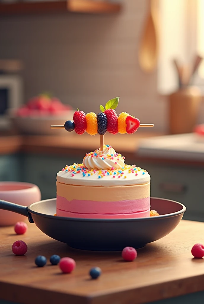 Logo of a frying pan with a cake and skewer for a restaurant business named Sweet Moments