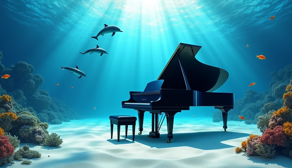"A stunning underwater scene featuring a black grand piano resting on the sandy ocean floor, with several dolphins swimming gracefully around the piano. The sunlight filters through the clear water, creating beautiful patterns on the sand and piano. The overall atmosphere is tranquil and mesmerizing, with the piano standing out against the vibrant blue tones of the ocean. The dolphins are playful and inquisitive, adding a touch of vibrancy to the serene underwater environment. The image is realistic, capturing fine details of the piano, dolphins and underwater light effects." Tropical fish swim gracefully around colorful coral.