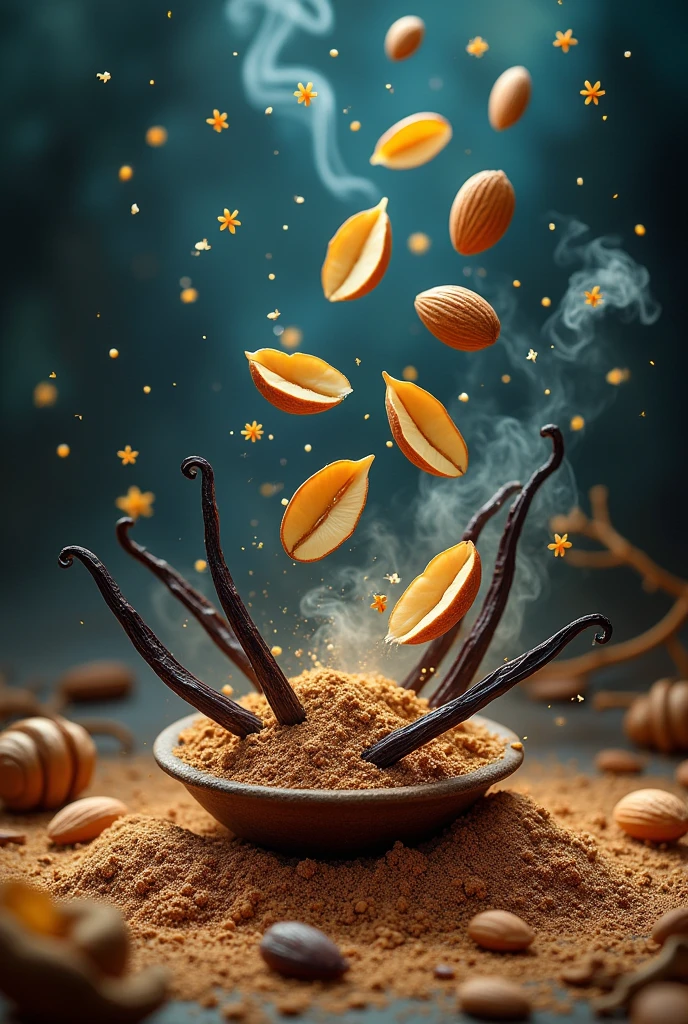 vainilla , with almonds split in half in the air coffee with sand ,
in a dark blue lily root environment , with jasmine flowers and also sandalwood