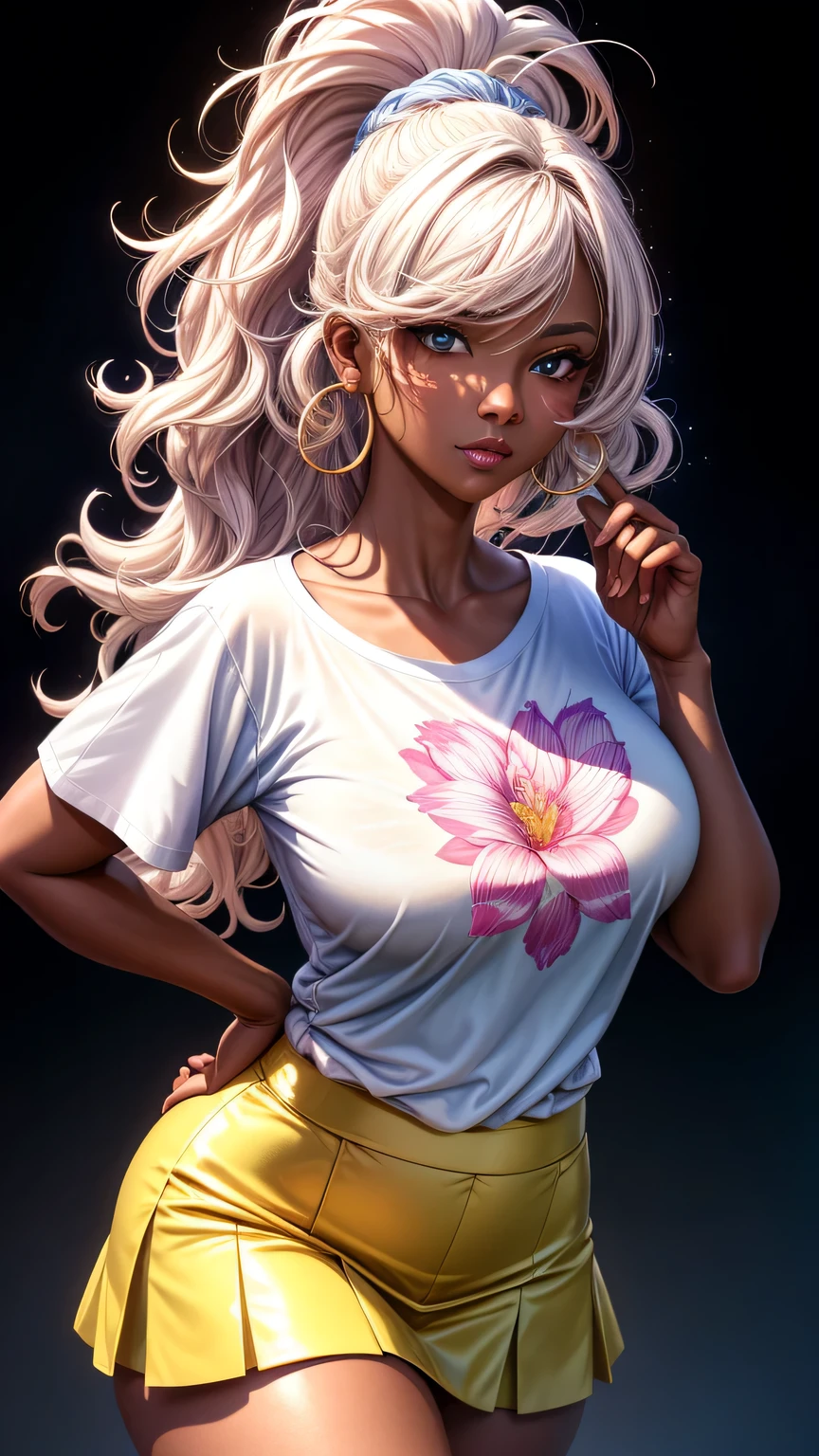 (best quality:1.5, highres, UHD, 4K, detailed lighting, shaders), white curly floral haired, gradient hair, large breasts, suit, T-shirt, social shirt, short skirt, mature woman , (pov), white background, colorful eyeshadow, dramatic lighting, sparkling eyes, sensual expression, golden earrings, flowing hair, delicate facial features, dark skin, high cheekbones, urban setting, black background, dont look for the camera, lean forward,  behind  the camera