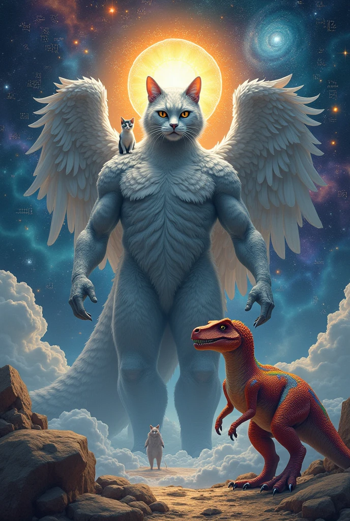 A giant number boss of a number set of the integers with wings and a halo with a pet animal that is a mystical cat and a dinosaur in the present