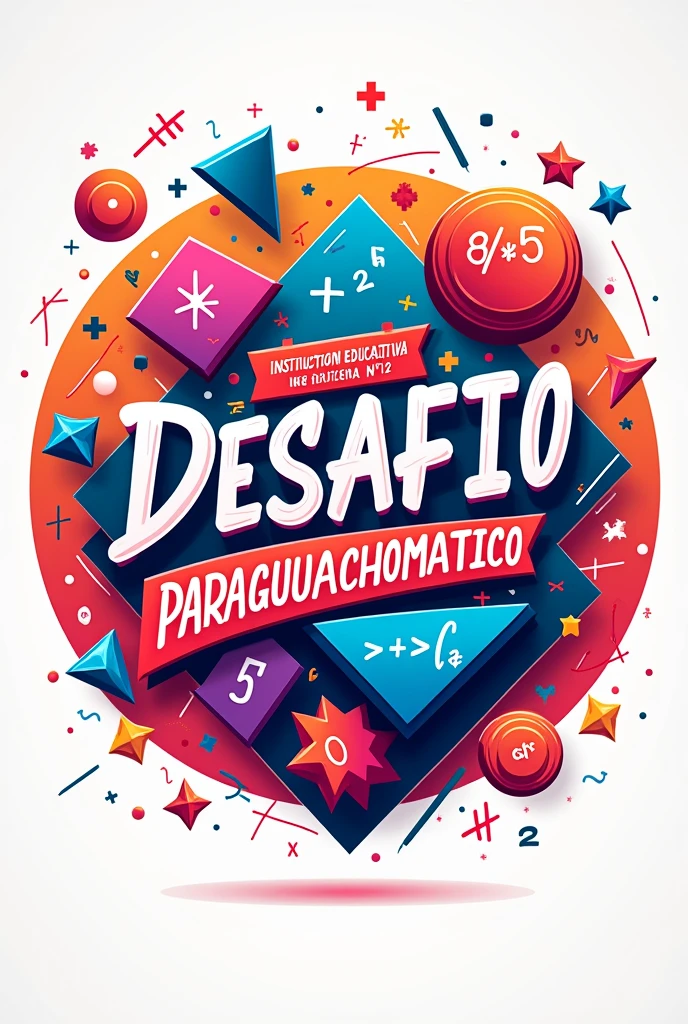 create a mathematical logo that contains the word in Spanish idea DESAFIO PARAGUACHOMATICO at the top, at the bottom INSTITUCION EDUCATIVA INDIGENA N° 12, It can be circular in shape and have geometric figures such as a rhombus protruding from it., a triangle, CIRCLE, SQUARE, In addition, the image must contain formulas, plus signs, resta, multiplication and division. Use strong colors like red, blue, futcia, neon, that looks like art, that it looks great.
at the top write PARAGUACHOMATIC CHALLENGE