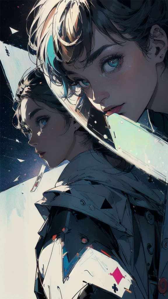 (((masterpiece, highest quality))),(((solo:1.2))),(((1girl:1.2))),32k wallpaper, very detailed, poster, vintage science fiction,(((((geometric cinematic movie poster))))), ((((bauhaus)))),(((abstract))),((((mid century modern)))),(((((portfolio))))),(((((Close-up))))),(((((bust up))))),((((more various angle)))),(((highlight))),((((heterochromia)))),(((complete. detailed face))),(((Extremely talented))),(((most complecated machine))),(((Overall colorfully))),((((((Absolutely gradation background)))))),(((playing cards dress)))