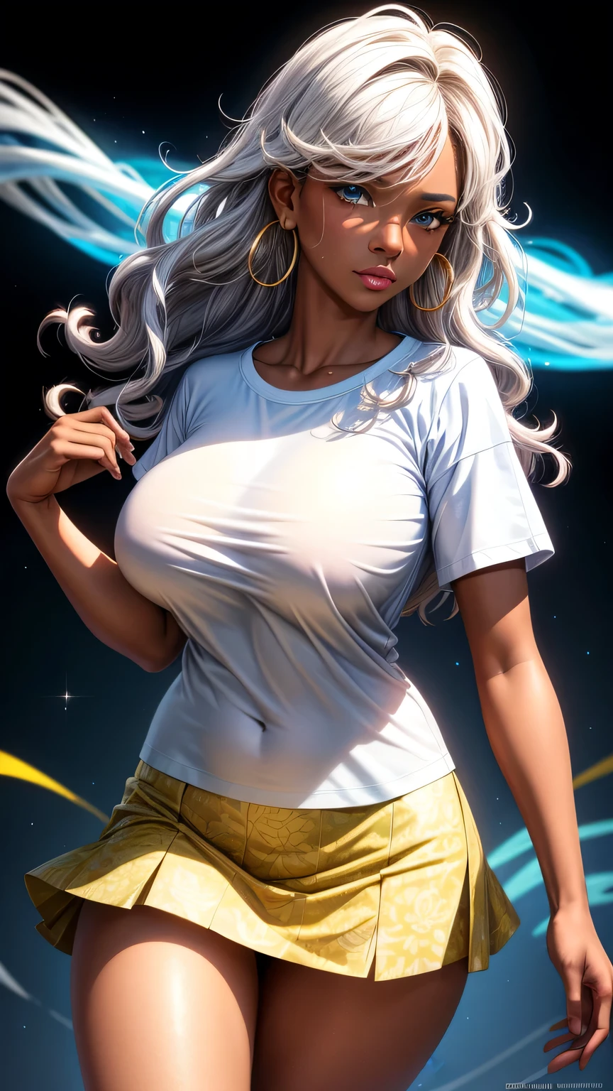 (best quality:1.5, highres, UHD, 4K, detailed lighting, shaders), white curly floral haired, gradient hair, large breasts, suit, T-shirt, social shirt, short skirt, mature woman , (pov), white background, colorful eyeshadow, dramatic lighting, sparkling eyes, sensual expression, golden earrings, flowing hair, delicate facial features, dark skin, high cheekbones, urban setting, black background, dont look for the camera, lean forward,  behind  the camera