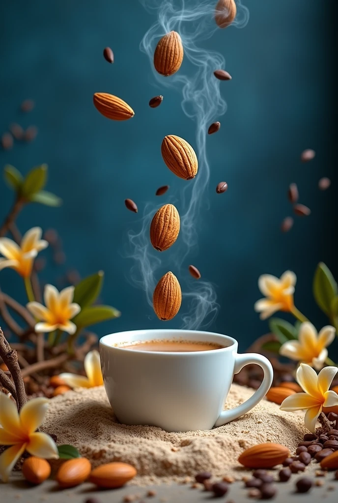vainilla , with almonds split in half in the air coffee with sand ,
in a dark blue lily root environment , with jasmine flowers and also sandalwood