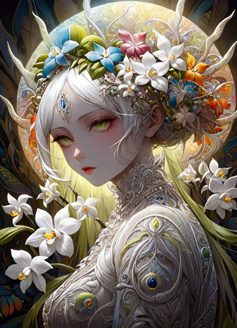 (masterpiece), (Highest quality), (Super Detail), none, psychedelic, Mysterious Woman, Portraiture, Color swirl, orchid, Beautifully expressive,Layered Outlines，Depth and size，Creative Expression，translucent form，Crystal structure，Glowing Lines，fluorescence，Glow Example，Tracking example，flash，fluorescence particles，Backlight，translucent，Light Particle Blur，Lighting Effects
