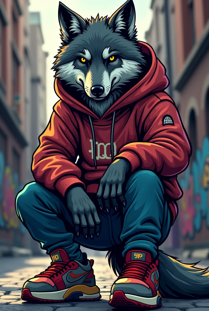 Logo of a wolf wearing streetwear style clothing
