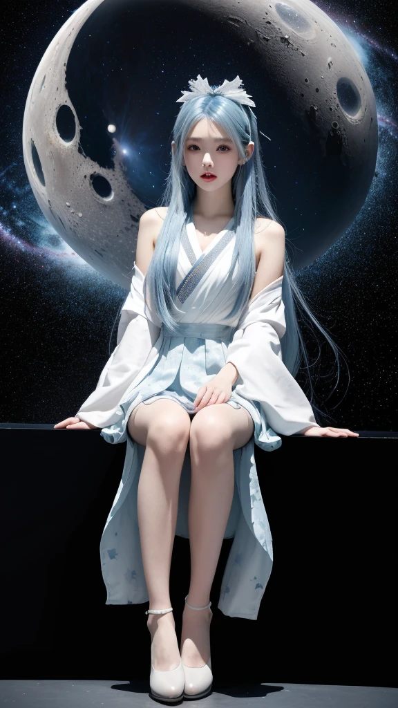 sitting on the crescent moon、(masterpiece, best quality), 1girl, 1girl、vtuber-fullbody、Star Fairy、「A beautifully printed galaxy patterned kimono and gothic ta outfit.、Space pattern box pleated mini skirt with ruffles、Front full body portrait、enchanting eyes、Perfect and stunning face、exquisite details、clear image、highest quality。」Milky white and light blue gradient straight long hair、