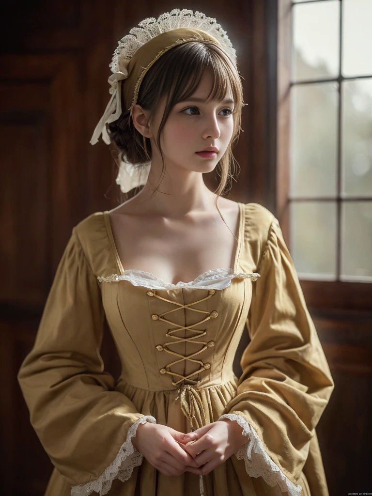 
((masterpiece:1.4, Highest quality)), (Realistic photos:1.4), 
((1 girl)), (Otherworldly beauty), (dream-like),
(超High resolution:1.2), Very delicate and beautiful, wonderful, Very detailed CG Unity 8k wallpaper, Very detailed, High resolution, 
Soft Light, Beautiful detailed, Very detailedな目と顔, Beautiful and detailed nose, Beautiful and detailed, 
(Dressed in 19th century Belgian costume:1.3),
Cinema Lighting, Perfect Anatomy, Slender body, (Parted bangs),
(Vermeer&#39;Portrait of a Girl:1.5), 
Cowboy Shot