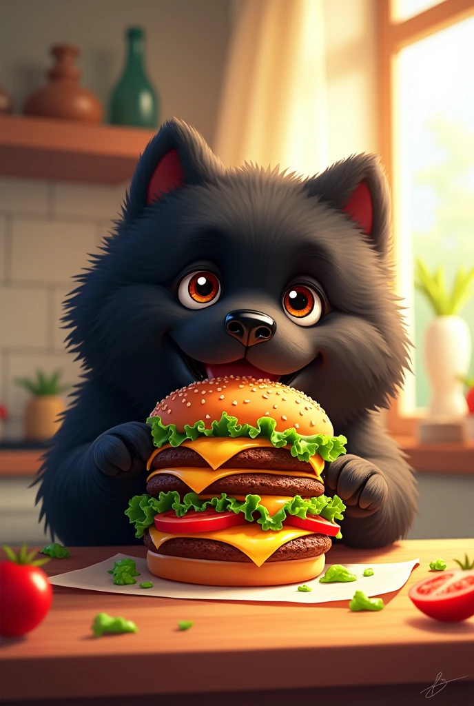 Create an illustration of a hamburger, where a black Chow Chow dog devours it
