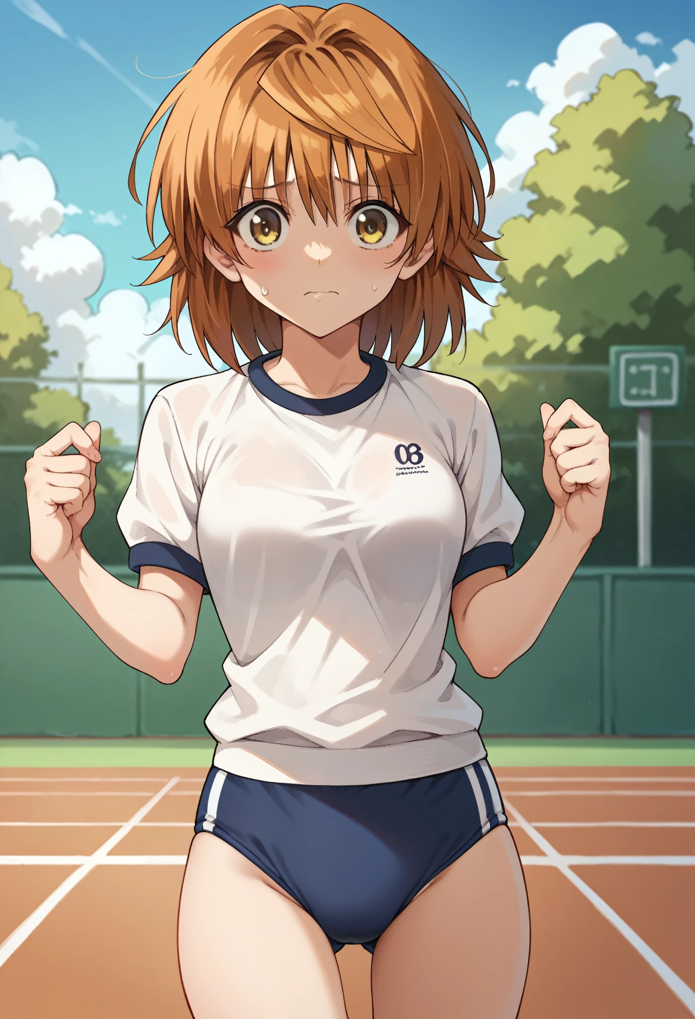 score_9, score_8_up, score_7_up, 1girl, solo, yuusaki riko, yellow eyes, brow hair, medium hair, spiked hair, taisoufukuN, gym uniform, blue buruma, standing, nervous, cowboy shot, looking at you, athletics track