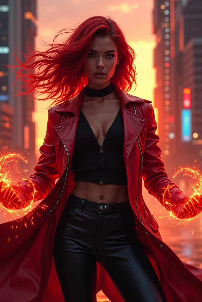 Realistic drawing of a female hero with medium red hair, black clothes with a red leather overcoat, wielding red telekinetic magic powers. 