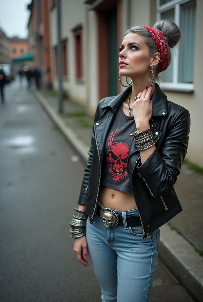  
russian milf woman, biker gang member, grey hair (top bun) with bandana headband, with very light blue eyes, extremely pale, heavy eye shadows. Thin. Sad, humbled face, smeared excessive make up and smeared lipstick Wearing black moto jacket, cropped t-shirt with devil logo, skinny blue jeans and black cowboy boots . Lots of metallic bracelets. Tacky wide belt with massive skull and bones buckle . Both hands caress her neck. Lots of rings. Wide loop earrings. Looks up with amazement like talking to God, mouth and eyes open. 