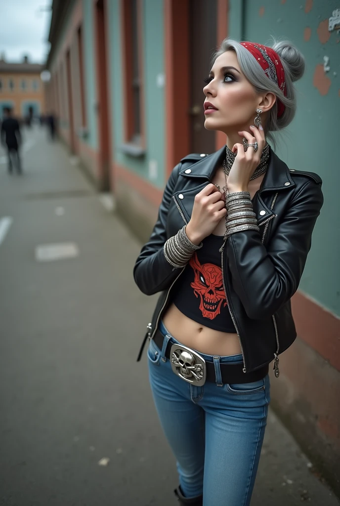  
russian milf woman, biker gang member, grey hair (top bun) with bandana headband, with very light blue eyes, extremely pale, heavy eye shadows. Thin. Sad, humbled face, smeared excessive make up and smeared lipstick Wearing black moto jacket, cropped t-shirt with devil logo, skinny blue jeans and black cowboy boots . Lots of metallic bracelets. Tacky wide belt with massive skull and bones buckle . Both hands caress her neck. Lots of rings. Wide loop earrings. Looks up with amazement like talking to God, mouth and eyes open. 