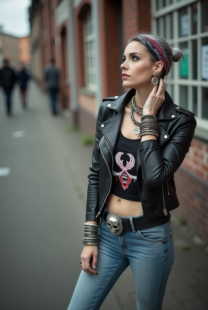 russian milf woman, biker gang member, grey hair (top bun) with bandana headband, with very light blue eyes, extremely pale, heavy eye shadows. Thin. Sad, humbled face, smeared excessive make up and smeared lipstick Wearing black moto jacket, cropped t-shirt with devil logo, skinny blue jeans and black cowboy boots . Lots of metallic bracelets. Tacky wide belt with massive skull and bones buckle . Both hands caress her neck. Lots of rings. Wide loop earrings. Looks up with amazement like talking to God, mouth and eyes open.