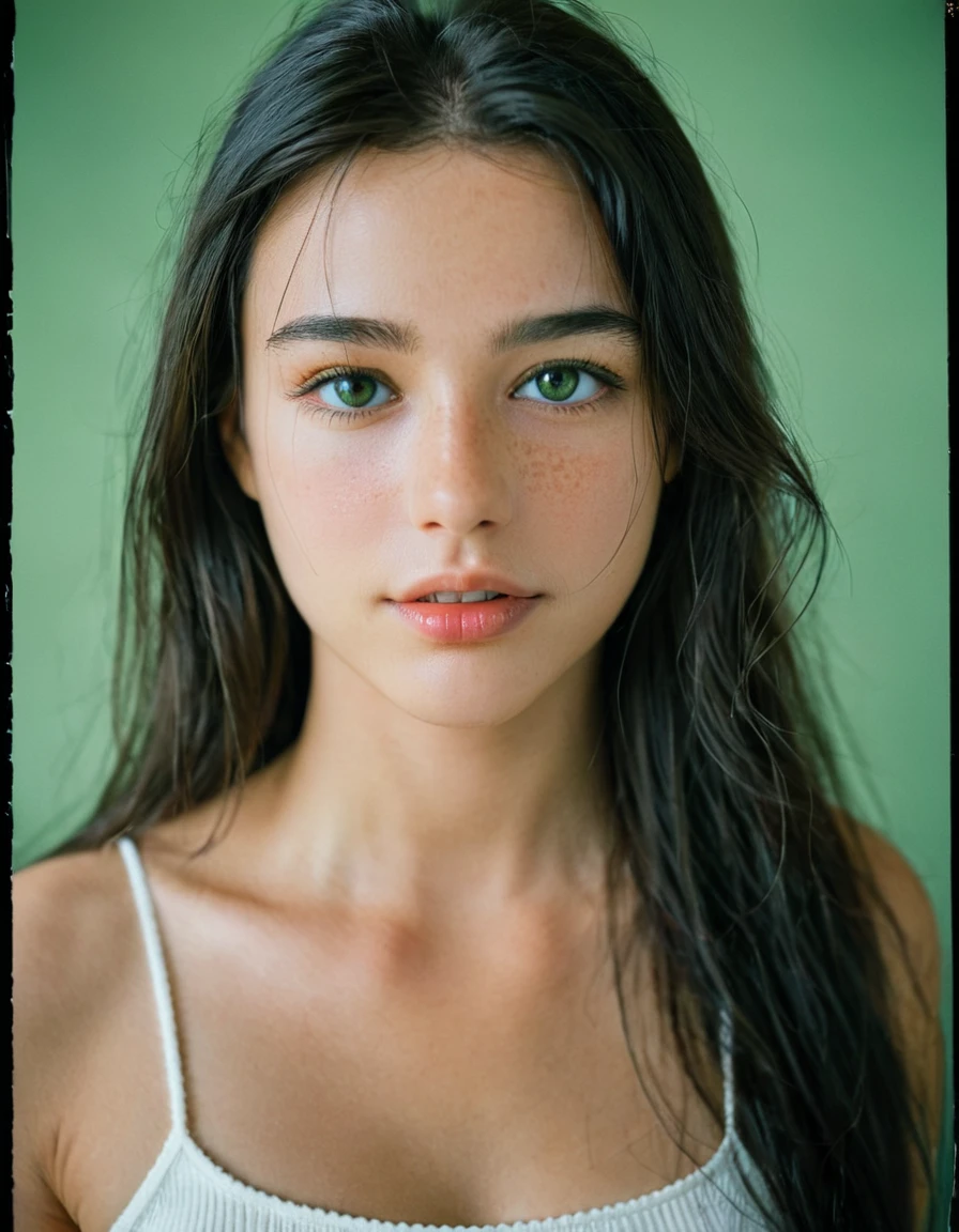 photoshoot, photo studio, RAW photo, editorial photograph, film stock photograph, cinematic, posing, amateur photo, face portrait, analog, raw, f2, 35mm, an (amateur photo), flash photography, taken on an old camera, polaroid, 8k, highly detailed, (high quality, best quality:1.3), Extremely high-resolution, film grain, very long hair, picture of a beautiful young woman, NOT dasha_taran, Nina Fortiner, sfw, ((natural black hair)), long (waist-length:1.2) combed black hair, ((macro lens)), natural, green hazel eyes, eyes have a little bit of brown surrounding pupils, (realistic perfect human eyes), serious expression, ultradetailed realistic eyes, feminine expressions, photography, dslr, 35mm, Fujifilm Superia Premium 400, Nikon D850 film stock photograph, Kodak Portra 400 f1.6 lens, 8k, UHD, european woman, a bit latin american facial features, realistic skin, skin pores, (whole head, do not crop head), whole head is visible, detailed background, midwest facial features, from side, expresionless, perfect teeth, face a bit elongated, mouth closed