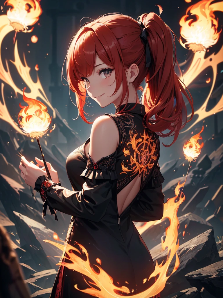 (((best quality, sharp image, clear image, cinematic lighting, 8k resolution, masterpiece, ultra detailed, intricate))) Girl, (((looking over left shoulder))), (shot from behind), ((shot from hip up)), fiery red hair, pigtails, ((intricate black dress)), ((flaming sigils, flaming runes)), spiky rock formations, (flaming lotus flowers frame), (intricate background), ((Phoenix)), (swirling flames), smiling
