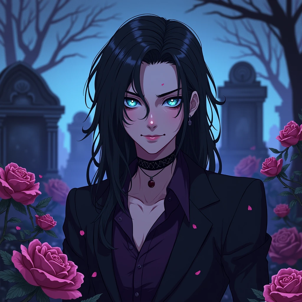 Male, sexy, long black hair, teal blue eyes, young, gothic clothes. delicate features, no facial hair, no body hair, seductive, white and pale. Roses. Purple and black. Long eyelashes. No facial hair. Man. Male. Smirking. No body or facial hair. Young male. Anime style. Male. Towering over the camera. Full body. Malicious. In a graveyard. Do it in the anime style. Sexy pose.