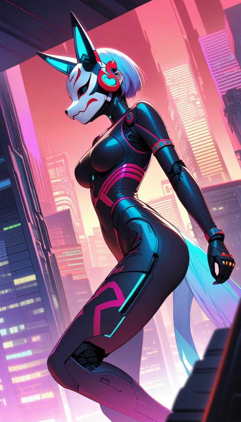 In a dystopian cyberpunk cityscape bathed in neon hues and moonlit shadows, a cyborg female ninja stands out as a stark silhouette. Her face is obscured by an ancient Inari fox mask, adorned with vibrant red lines on a white background, as she hurtles forward at breakneck speed. The wooden mask's intricate details seem to glow with a soft luminescence in the pale moonlight, while her lean, athletic physique appears to be propelled by some unseen force. The city's towering skyscrapers loom behind her, a testament to humanity's fleeting grasp on innovation and progress. A sensual profile with a crazy smile on her dark red lips., masterpiece, incredibly absurd resolution, absolutely resolution, ultra high resolution,