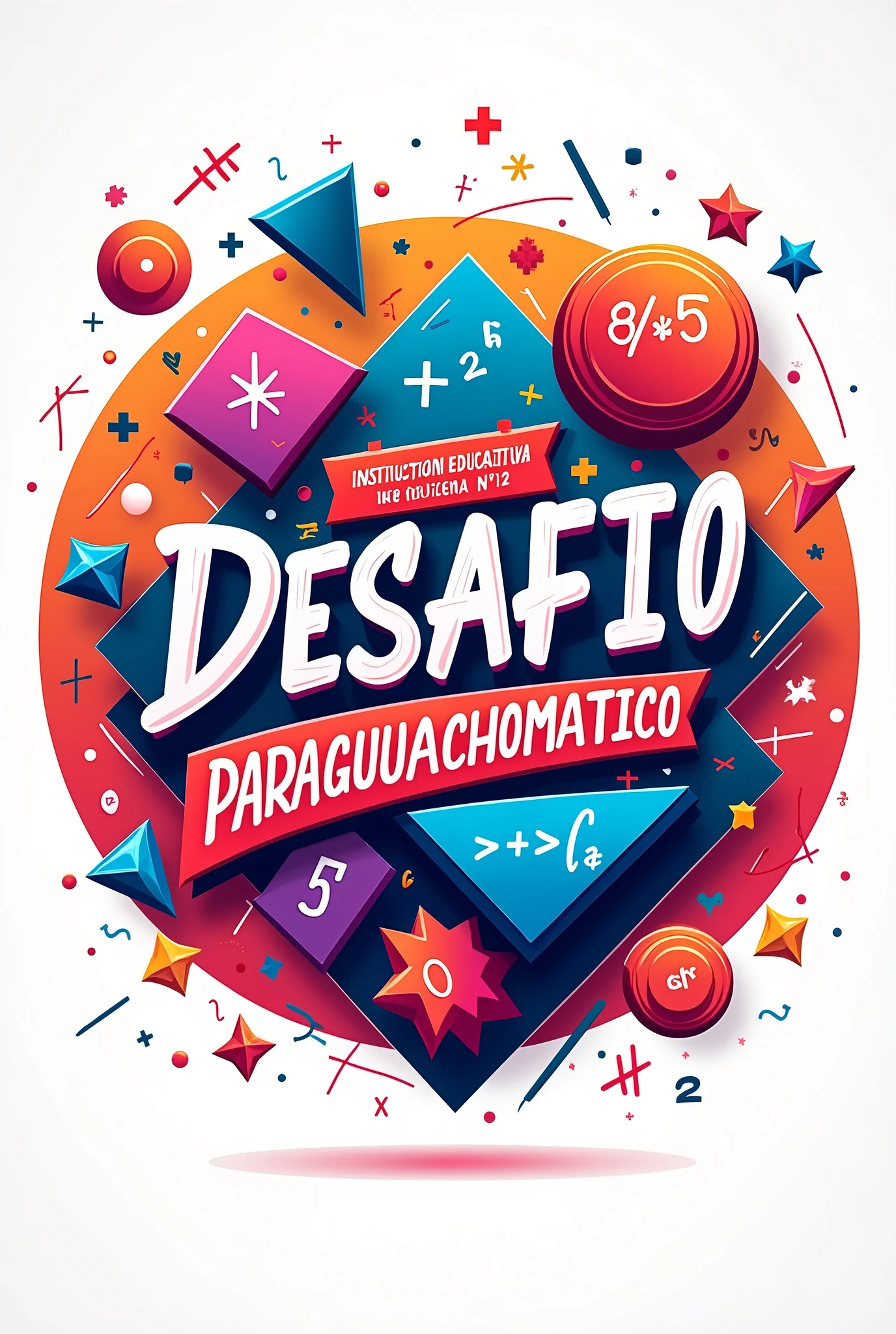 create a mathematical logo that contains the word in Spanish idea DESAFIO PARAGUACHOMATICO at the top, at the bottom INSTITUCION EDUCATIVA INDIGENA N° 12, It can be circular in shape and have geometric figures such as a rhombus protruding from it., a triangle, CIRCLE, SQUARE, In addition, the image must contain formulas, plus signs, resta, multiplication and division. Use strong colors like red, blue, futcia, neon, that looks like art, that it looks great.
at the top write PARAGUACHOMATIC CHALLENGE