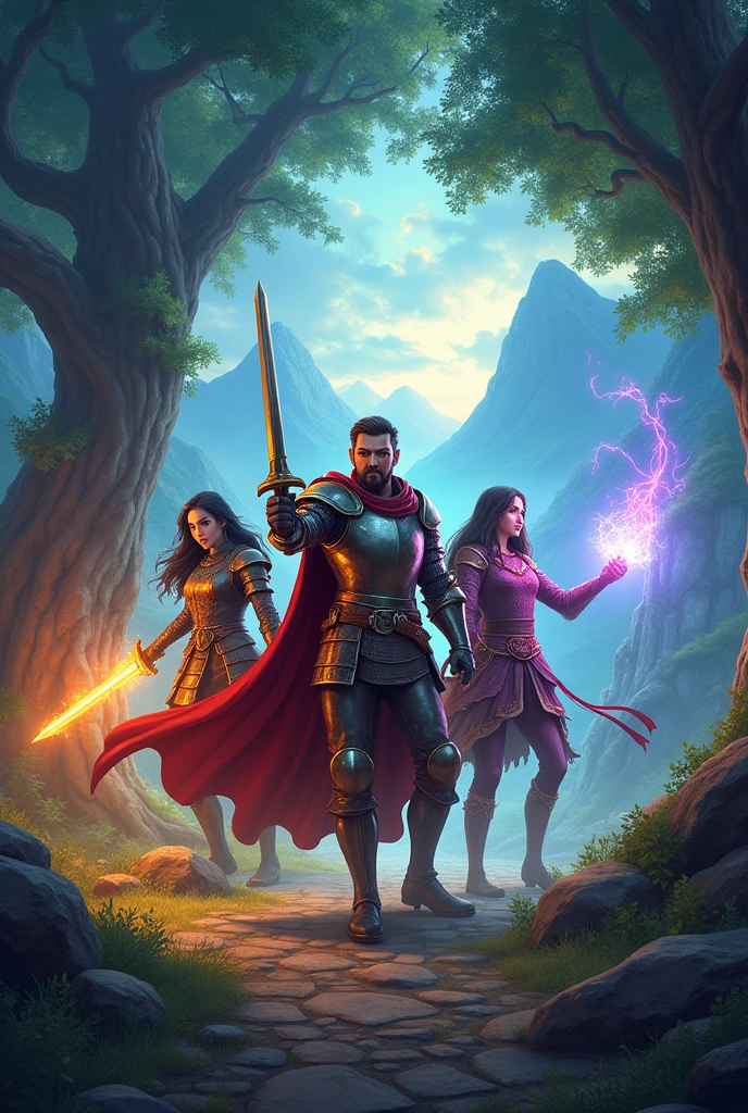 Create a medieval RPG cover with multiple characters and something very animated