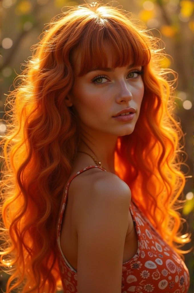 Flawless waist length drill curly hair with straight roots, intense golden orangish red copper hair, see through bangs, image from front, side and back