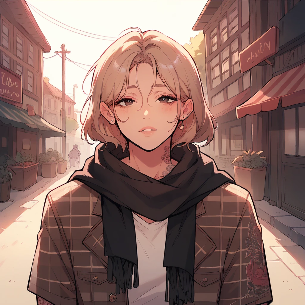 Woman with tattoos and beige checkered clothes, He wears a black scarf around his neck, She's in what looks like a neighborhood