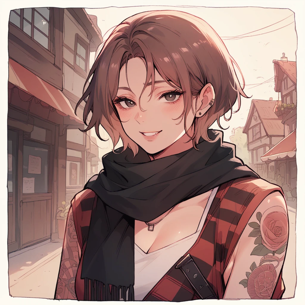 Woman with tattoos and beige checkered clothes, He wears a black scarf around his neck, She's in what looks like a neighborhood