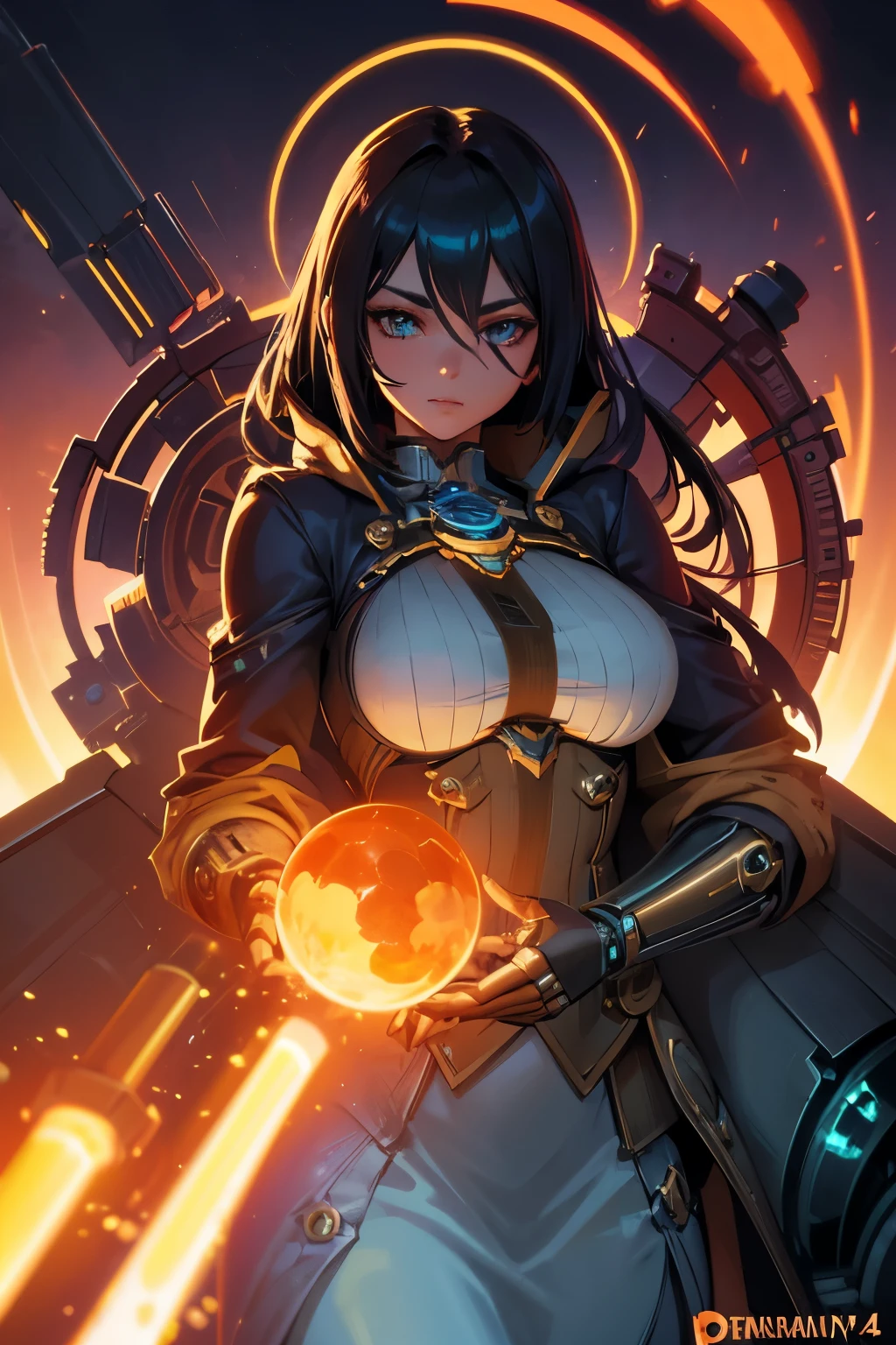 (gigantic cleavage breasts:1.3),Solo,Western female knight in gas mask,black and golden armor,Full body like,stand posture,Long brown hair