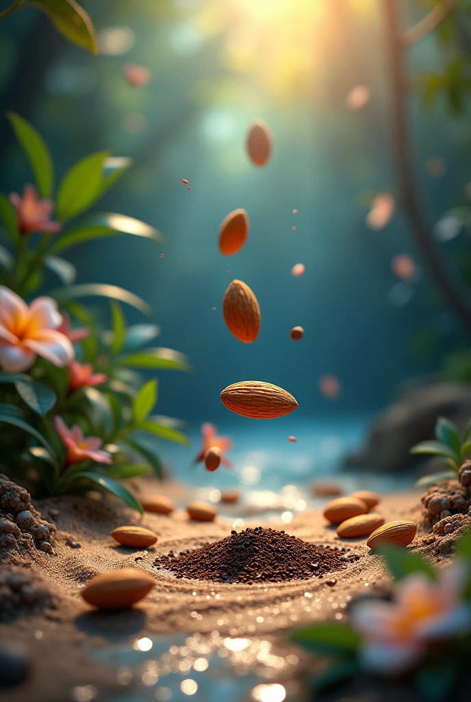 vainilla , with almonds split in half in the air coffee with sand ,
in a dark blue jasmine environment , with jasmine flowers and also sandalwood