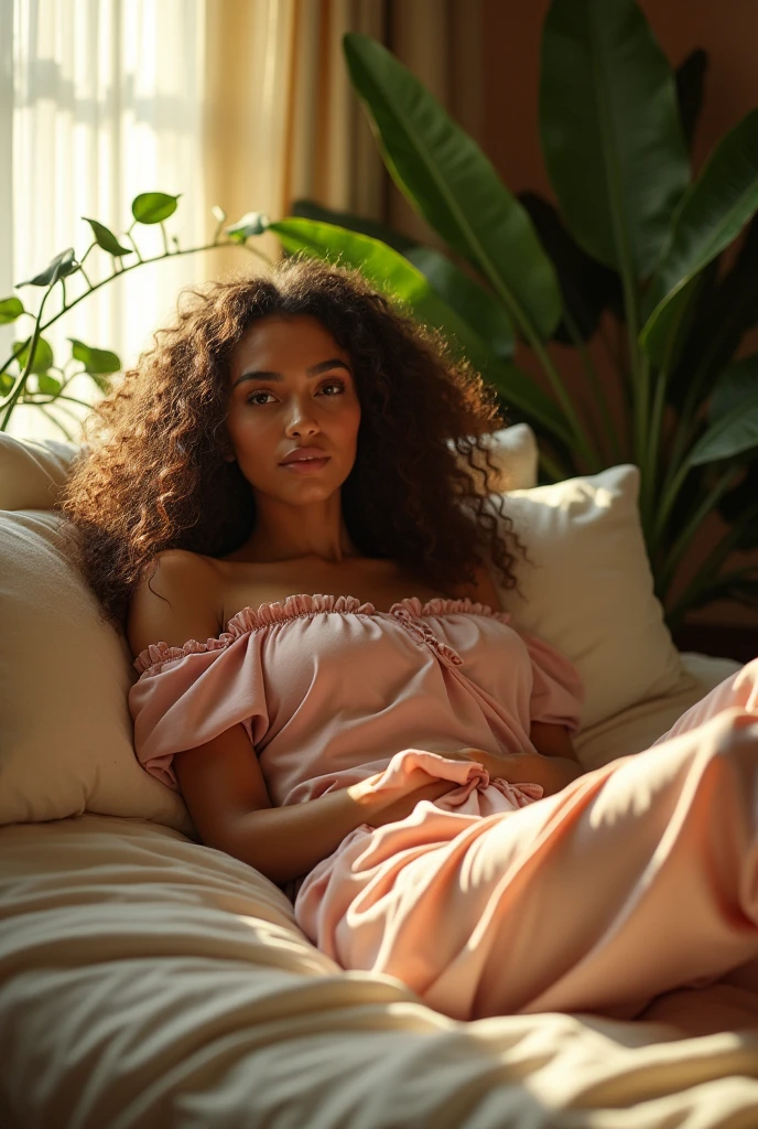 (photorealism:1.2), beautiful woman, sitting on bed, wearing loose off-shoulder top, pajama pants, long curly hair, indoors, soft lighting, plants in background, window with sunlight, cozy room, relaxed pose, realistic, intricate details, warm colors, by Greg Rutkowski, by Alphonse Mucha