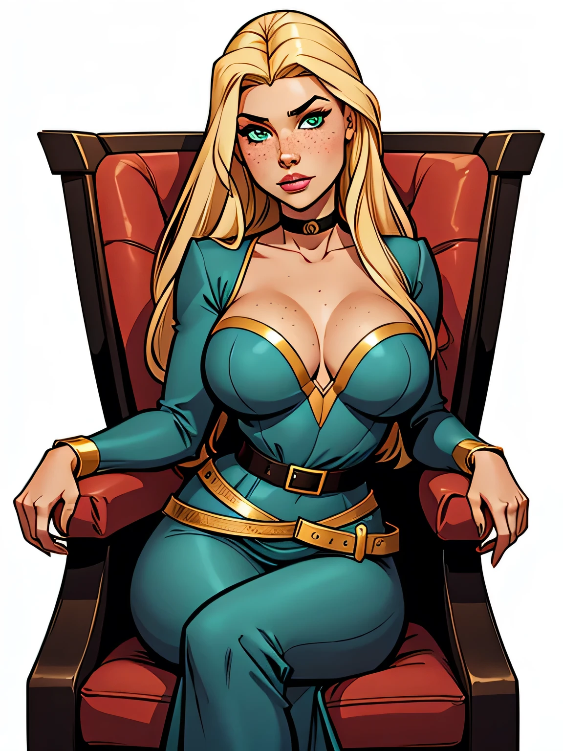 Thin woman, age 25, 4K (High definition), thoughtful, seducing gaze, greeneyes, wearing a tiara and a royal dress (gray and gold) with a boat neckline and long sleeves, choker on the neck, brown belt, Caucasian skin, long blonde hair, sitting in a chair, full of curves with freckles across her chest and neck. Marvel style high quality, white background.