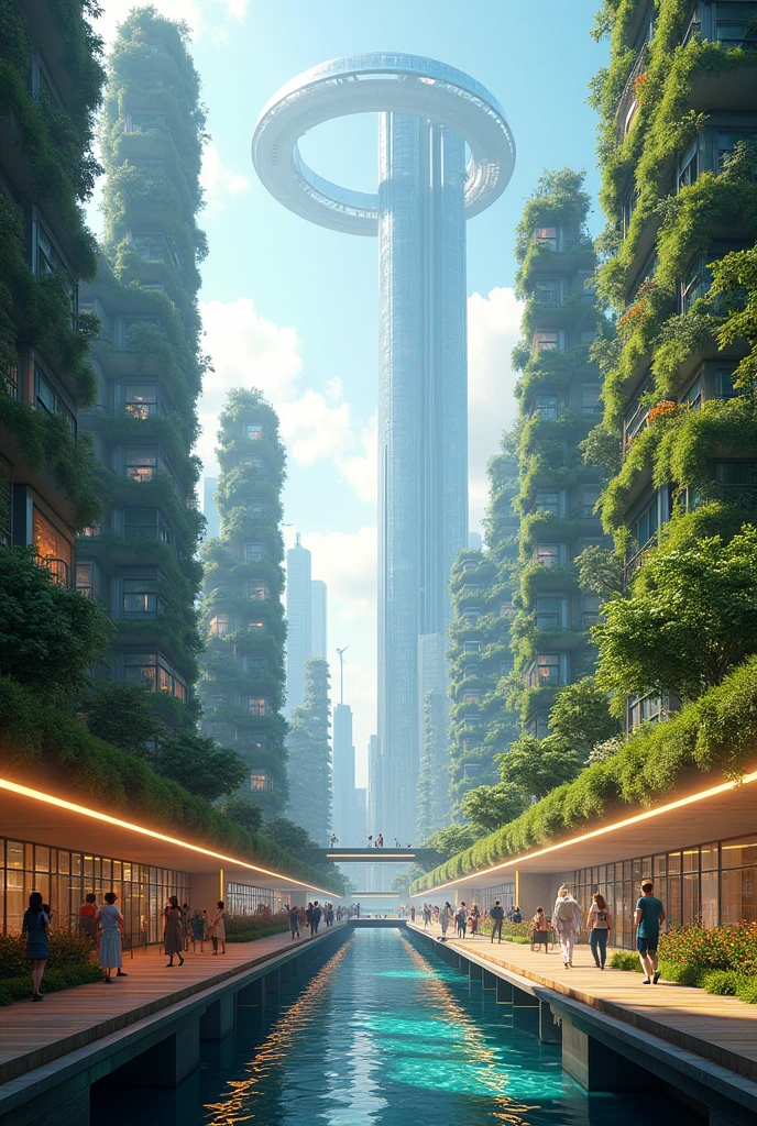 A futuristic cityscape in the year 2050 where technology and nature have harmoniously merged. Towering skyscrapers covered in lush vertical gardens dominate the skyline, with solar panels integrated into every surface. Autonomous flying vehicles zip through the air, and pedestrians walk on floating pathways illuminated by soft, ambient lighting. The streets are filled with diverse communities using augmented reality glasses to interact with digital art on buildings. In the distance, renewable energy sources like wind turbines and solar farms power the city. Oceans are clean with visible marine life, and in the sky, a massive space elevator connects Earth to a ring of satellites, symbolizing humanity's expansion into space. The scene is peaceful and filled with a sense of optimism and unity.