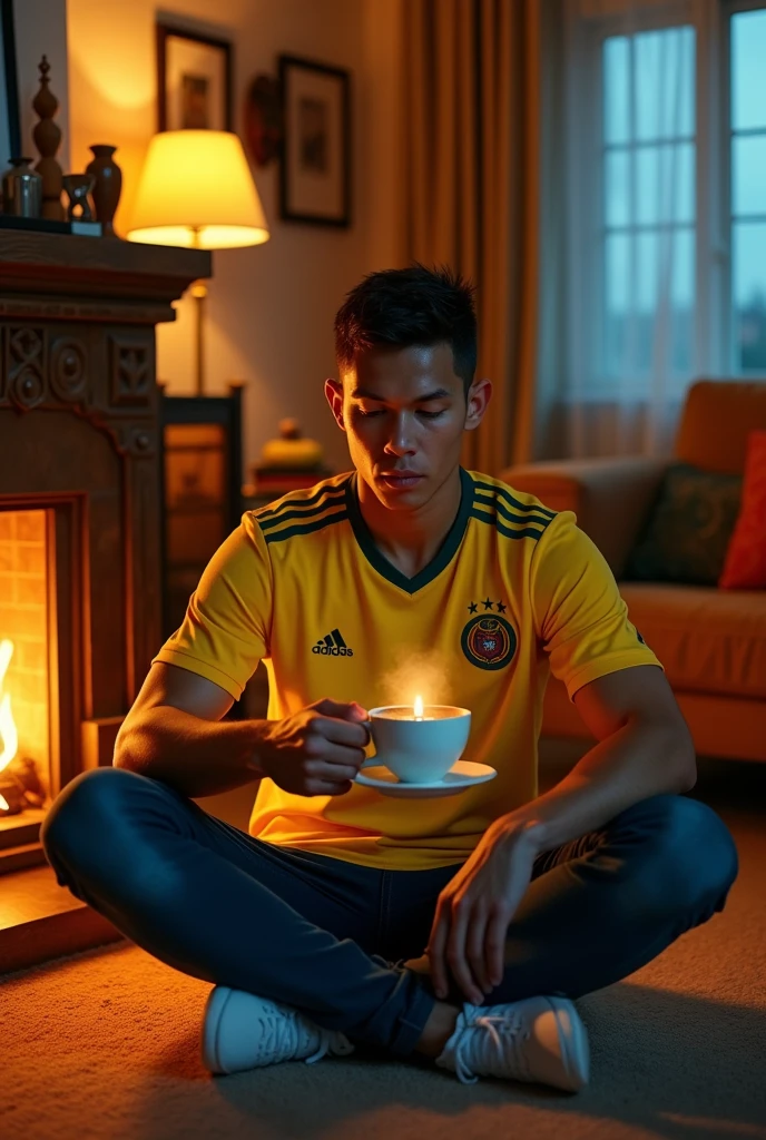 I want you to draw James Rodriguez with the Colombia shirt in the living room watching the fireplace and drinking coffee sitting on the floor GTA style