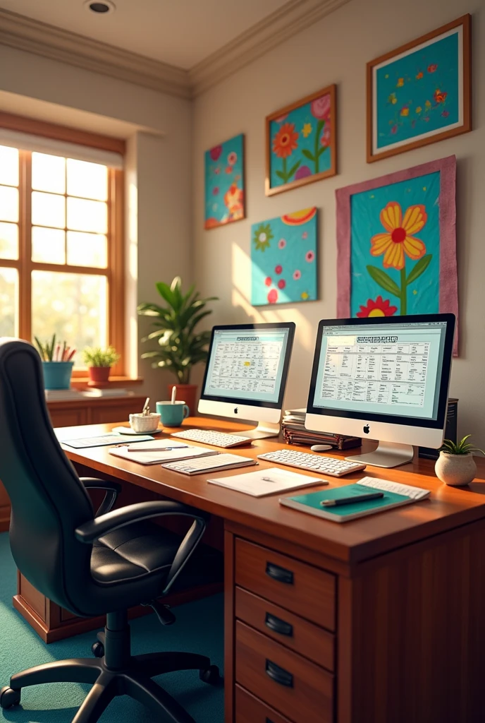 Room for the principal and vice principal with two large desks with computers, schedule papers, children's paintings hanging on the wall