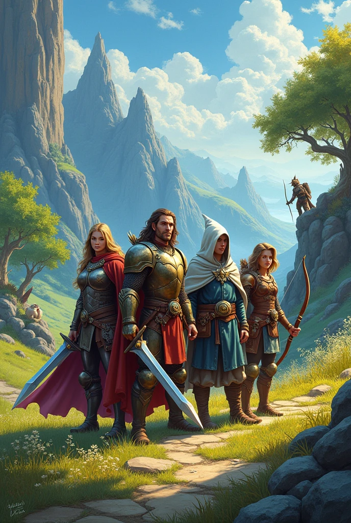 create a companion group with a black paladin,an old dark wizard,a female warrior with a bow and arrow in a medieval world with a sign saying "RPGAY" 
