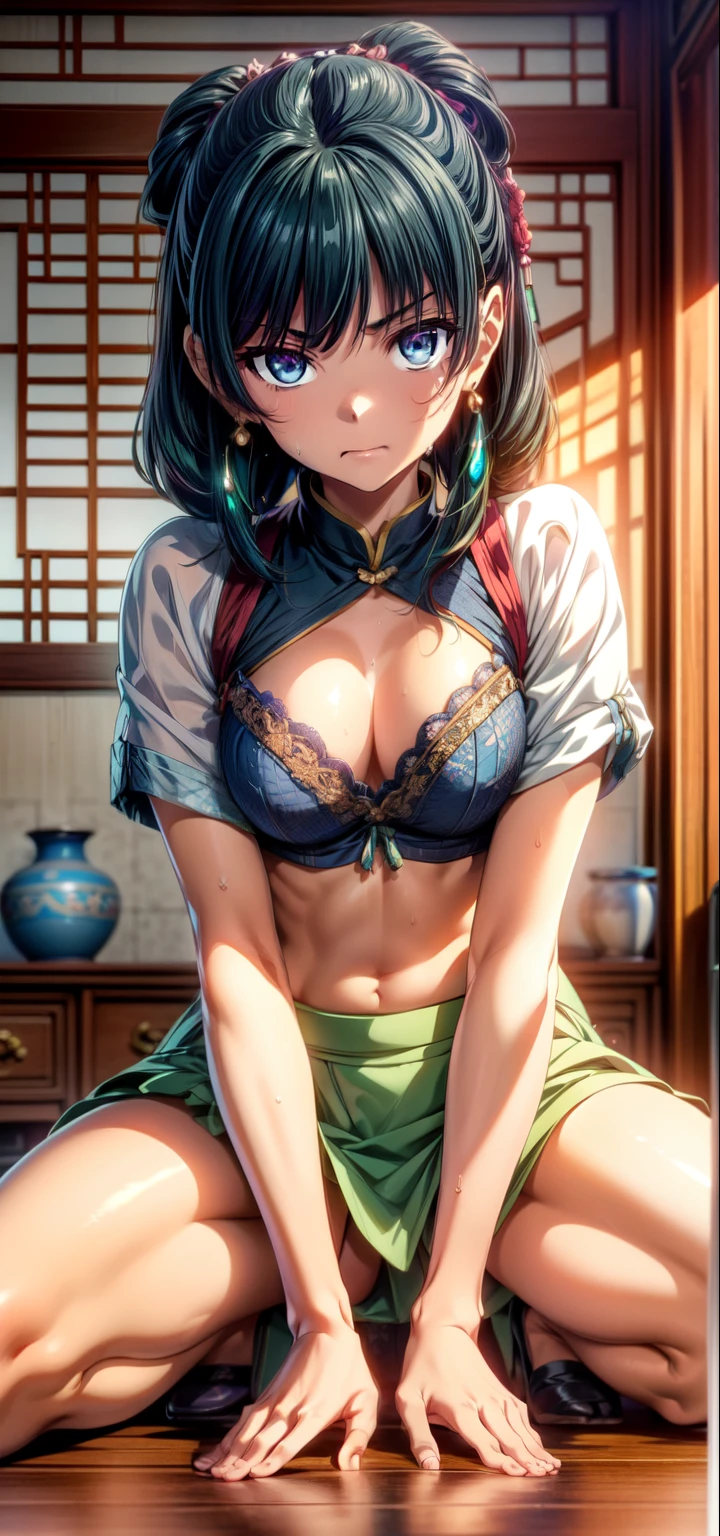 (Masterpiece, High Quality, Top quality, High-Detailed, Detailed CG, Cinematic Shadow, Cinematic Scene, Beautiful Detailed Eyes, Ultra Resolution, Depth of Field, High Resolution, Masterpiece: 1.2), Anime Art style, Very Detailed, Dynamic Angle, Teen Style, Detailed Green Hair, Detailed Blue Eyes, Purple Eye, Slim Body, Sparkling Eyes, Sparkling Detailed Eyes, Hair Accessory, Earrings, Slightly Blunt Bangs, Looking at the Audience, Cute, Five Finger, (Angry Expression:1.2), (Chinese Flower Pattern), (Chinese Underwear: dudou [Bellyband], [Pocket], [pocket]), (moxiong [Tube Top]), (Waxiong [Stockings]), (Lanqun [Skirt]), (Hehuan Lanqun [Hibiscus Skirt]), lingerie, Underwear, Good Composition, Legs, Feet, Buttocks, Sweat, Thighs, Small Breasts, Small Size Breasts, Blur Background, Chinese Architectures