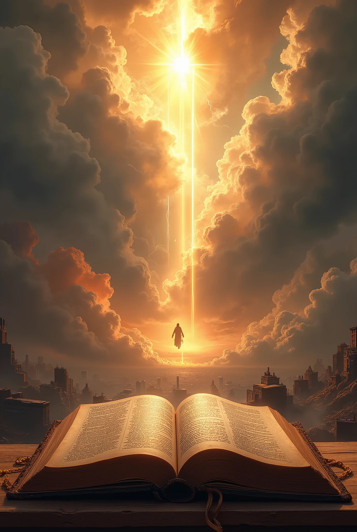 Create a book cover with a bible and in the background the world in the apocalypse with Jesus returning in the clouds , Everything realistic
