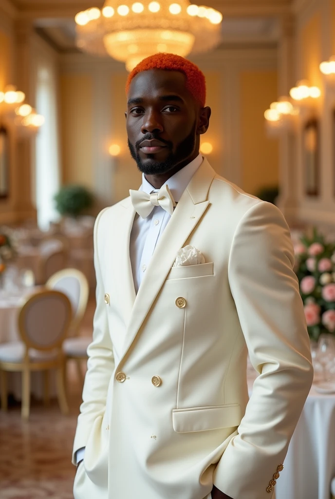 I need a orange hair black color man in white formal dress