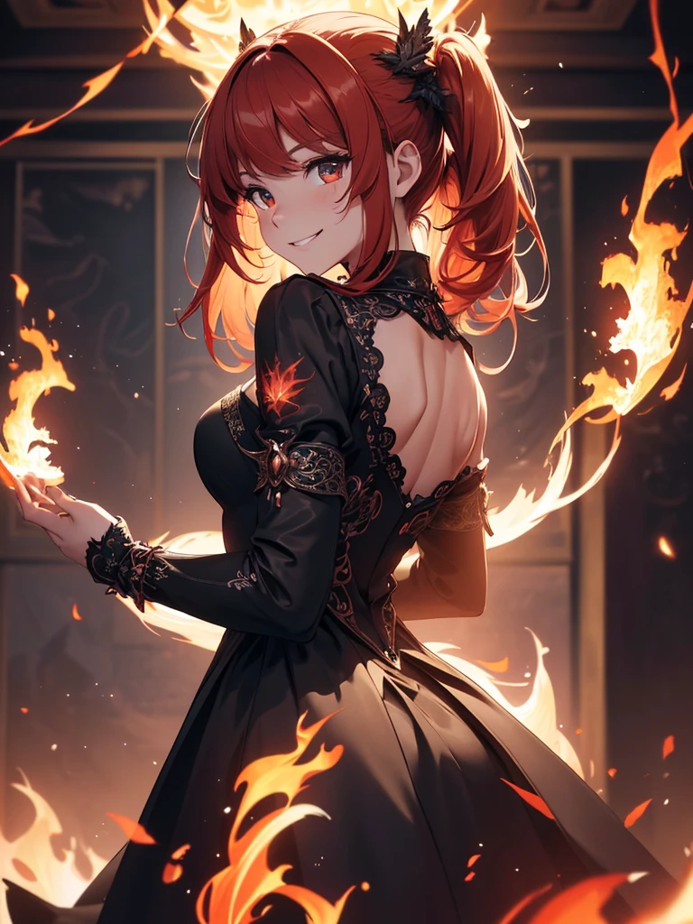 (((best quality, sharp image, clear image, cinematic lighting, 8k resolution, masterpiece, ultra detailed, intricate))) Girl, (((looking over left shoulder))), (shot from behind), ((shot from hip up)), fiery red hair, pigtails, ((intricate black dress)), ((flaming sigils, flaming runes)), spiky rock formations, (flaming lotus flowers frame), (intricate background), ((Phoenix)), (swirling flames), smiling